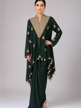 Emerald green and gold Indian Kaftan lehenga kurti set